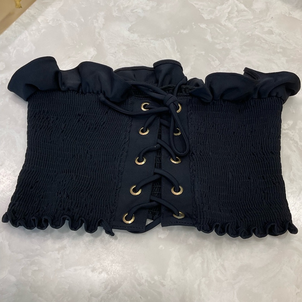 Peixoto Elsa Bikini Top/Tube Top in Black, Smocked Lace front with grommet, Sz S - Picture 3 of 10